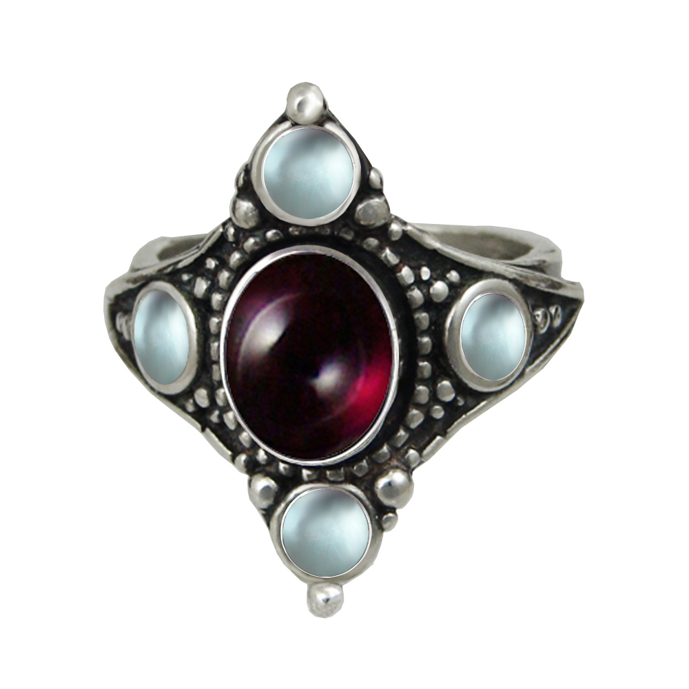 Sterling Silver Renaissance Queen's Ring With Garnet And Blue Topaz Size 9